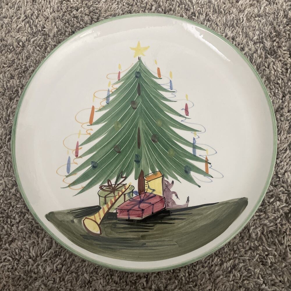 Vintage Hand Painted Mancioli Italy Christmas 10” Plate Xmas Tree Presents Mouse